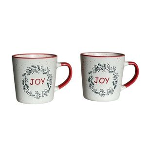 Two CALIFORNIA PANTRY Holiday Etched Joy Ceramic Mugs Ivory Red Green 10 oz.